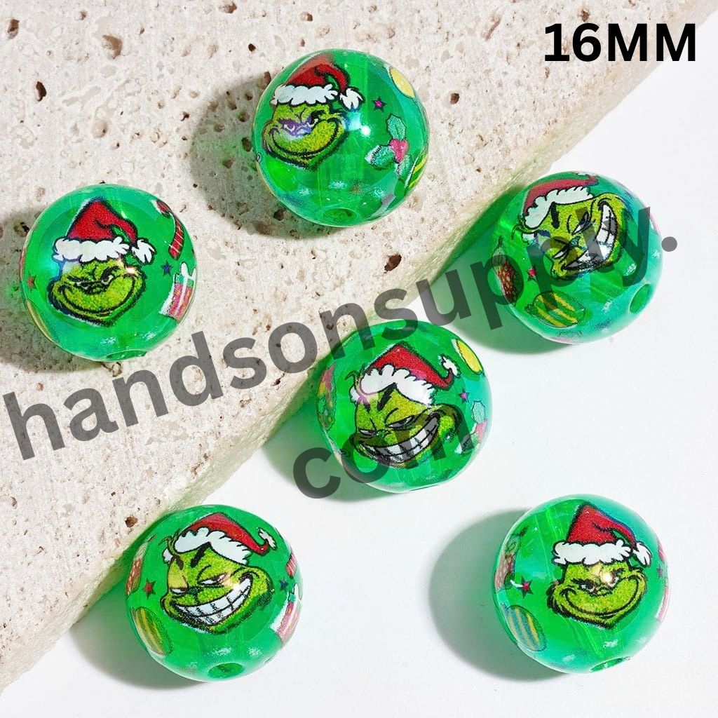 Dark Green Christmas Character Face with Candy Cane, Wreath, Stocking, Ball & Gift Box Printed Round Acrylic Beads for Bracelets, 16MM, Random Mix