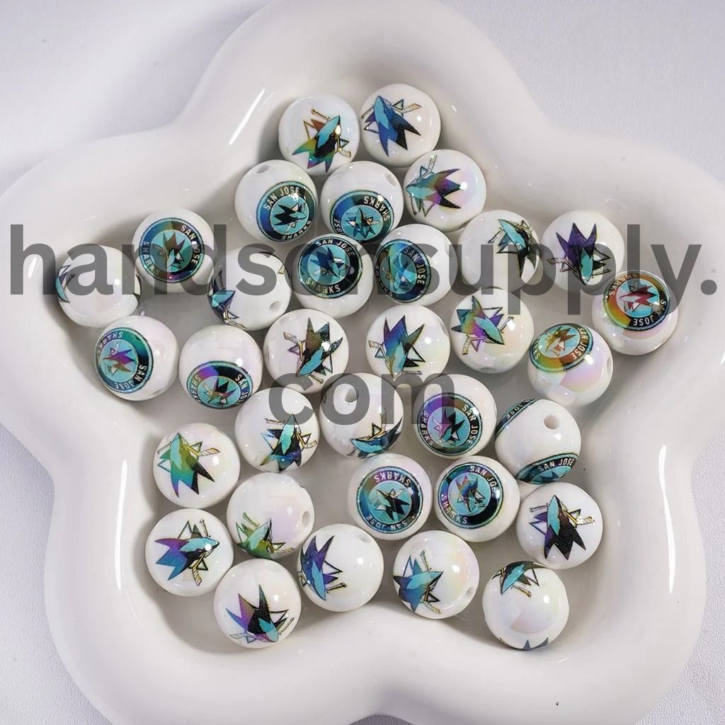 Round UV Coating Ice Hockey Team Pattern Acrylic Beads for Bracelets, 16MM