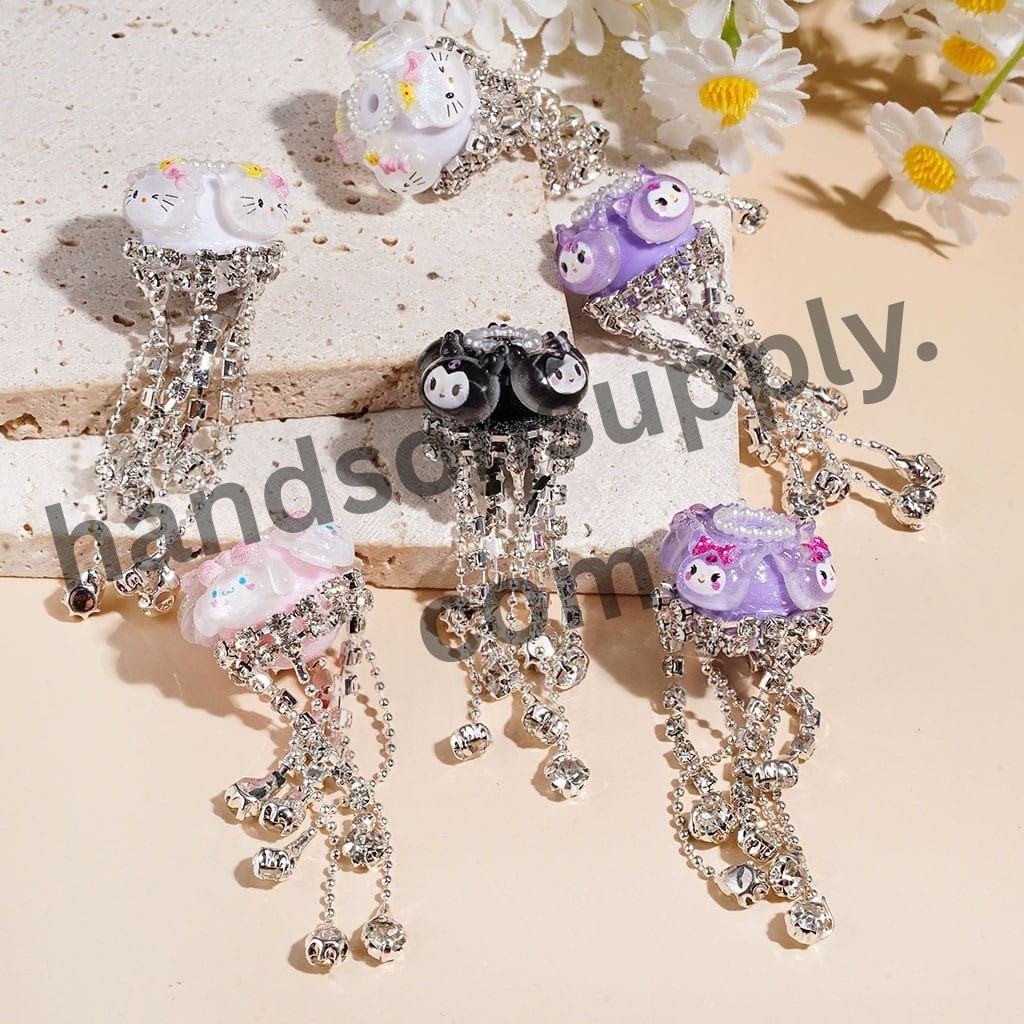 Adorable Character Decorations, Clear Rhinestone Tassel Chains & White Pearl Loop, Handcrafted Acrylic Beads, Random Mix