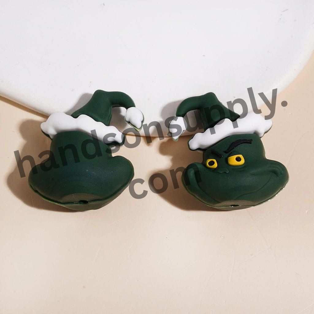 3D Cute Green Grinch Christmas Character with Santa Hat, Silicone Focal Beads Multi-Color Random Mix