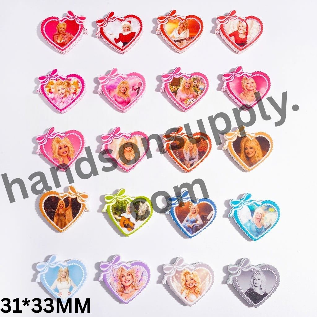 American Country Singer & Bowtie Print Heart-Shaped Silicone Focal Beads, 31*33MM, Random Mix