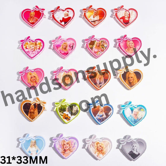 American Country Singer & Bowtie Print Heart-Shaped Silicone Focal Beads, 31*33MM, Random Mix