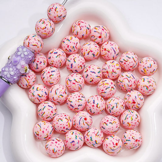Unicorn, Star & Moon Print Mini Pink Silicone Beads 15mm