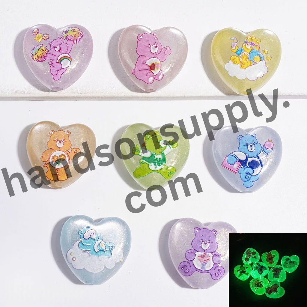 Luminous Rainbow Bear Character with Glitter Heart-Shaped Acrylic Beads, 23*24MM, Multicolor, Random Mix