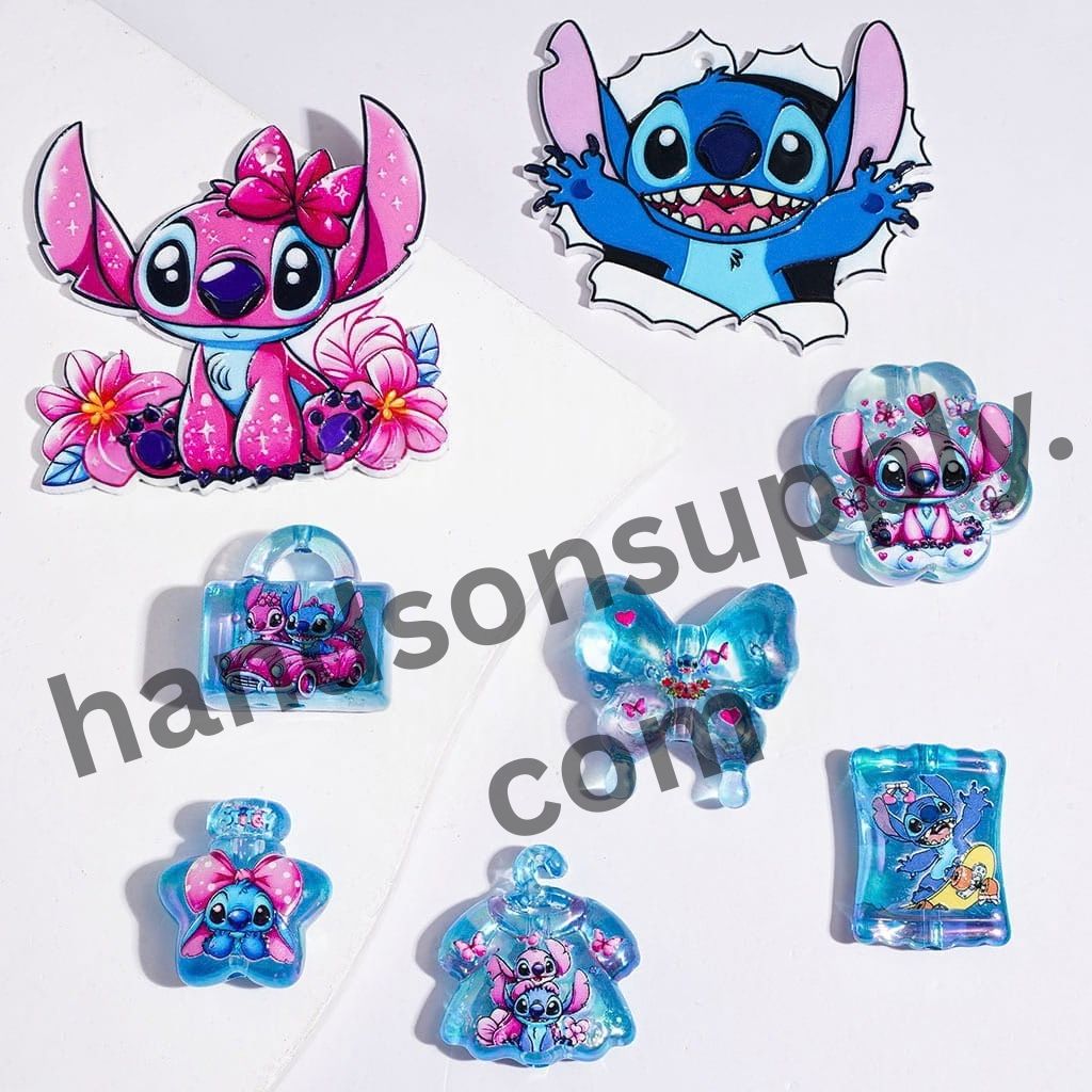 UV-Coated Cute Playful Pink & Blue Monster Character Series Acrylic Beads & Pendants, Random Mix