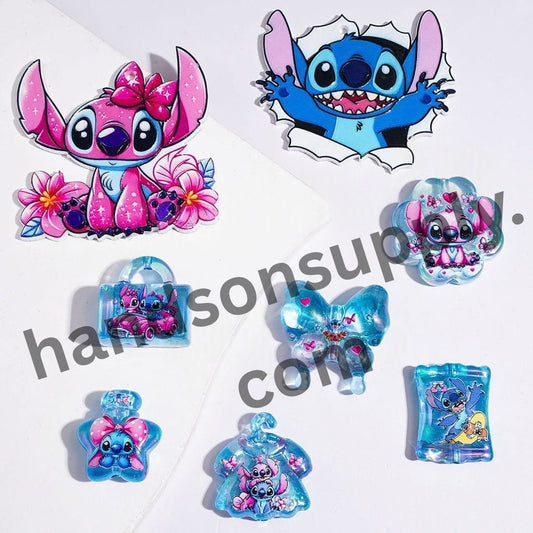 UV-Coated Cute Playful Pink & Blue Monster Character Series Acrylic Beads & Pendants, Random Mix