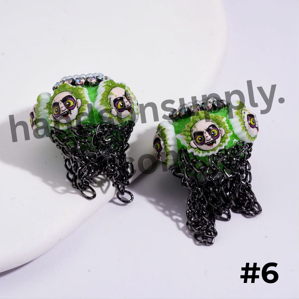 Horror Character with Black Tassel Chains White Pearls & AB Rhinestones Handmade Acrylic Beads