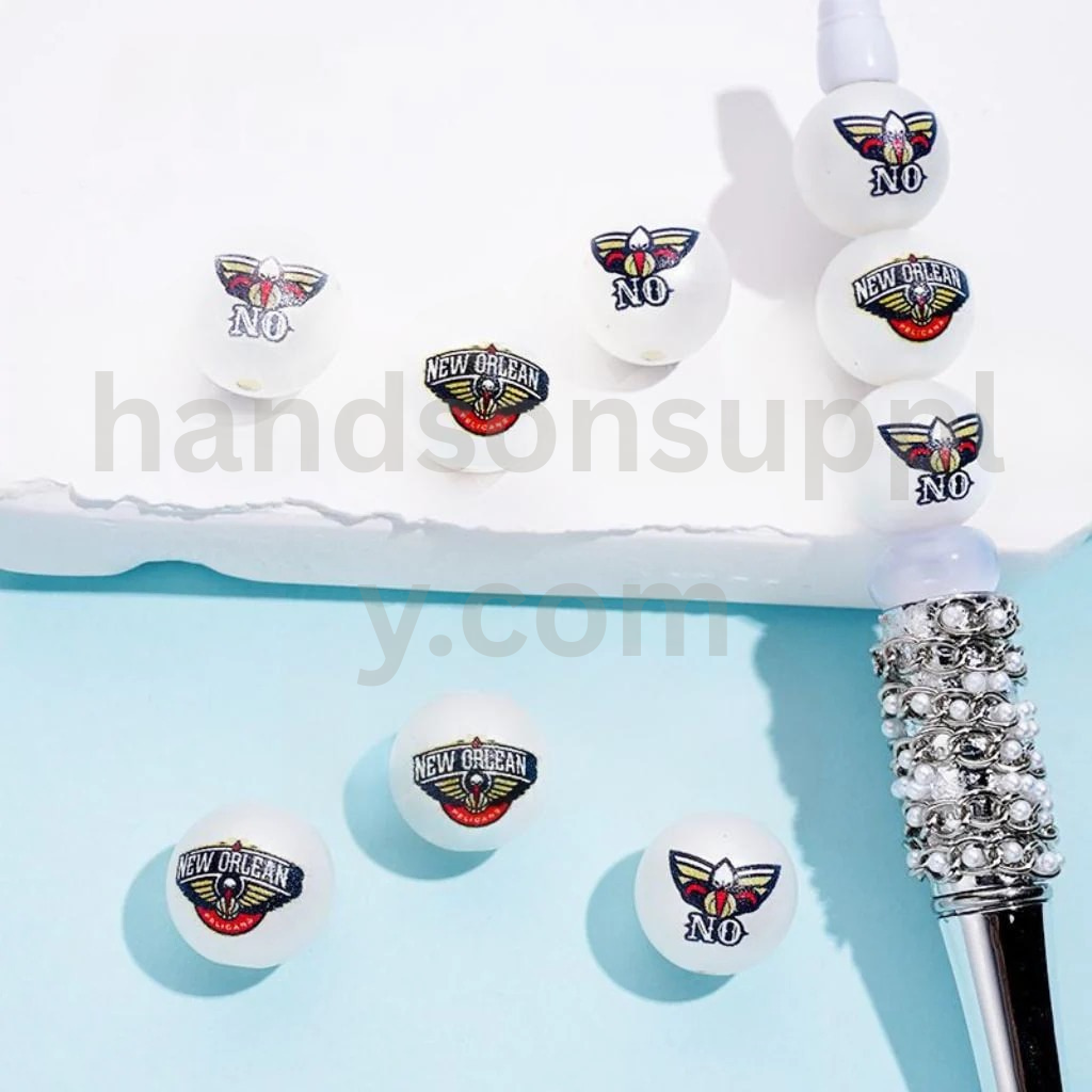 New Orleans Pelica NB Sports Frosted Matt White Round USA Basketball Theme Acrylic Beads Random Mix 16MM