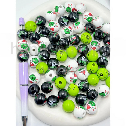 Green Monster Character Christmas Design 16MM Round Beads Wooden Beads