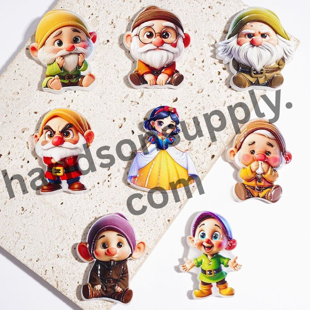 Fairy-Tale Snow-White Princess with Seven Whimsical Gnome Elf Characters Series Acrylic Beads, Random Mix