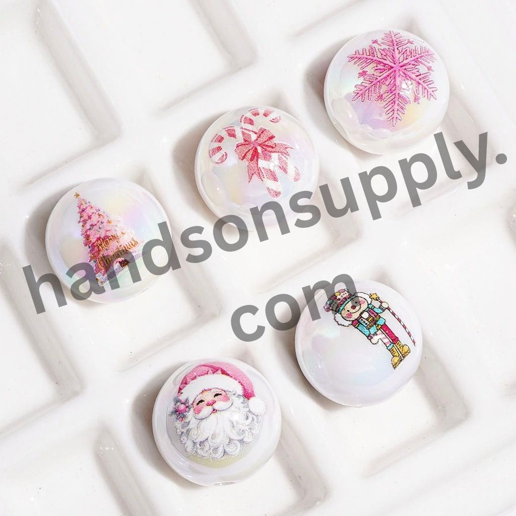 UV-Coated Festive Tree, Snowflake, Santa Claus, Candy Cane & Wooden Nutcracker Soldier Christmas Theme Printed Round Acrylic Beads for Bracelets, 16MM, Random Mix