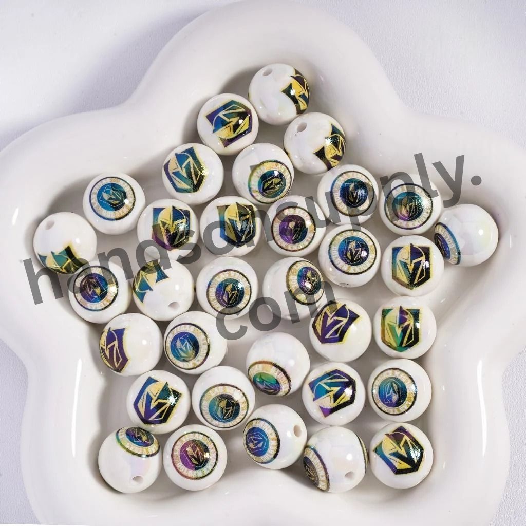 Round with UV Coating Ice Hockey Team Pattern Acrylic Beads for Bracelets, 16MM