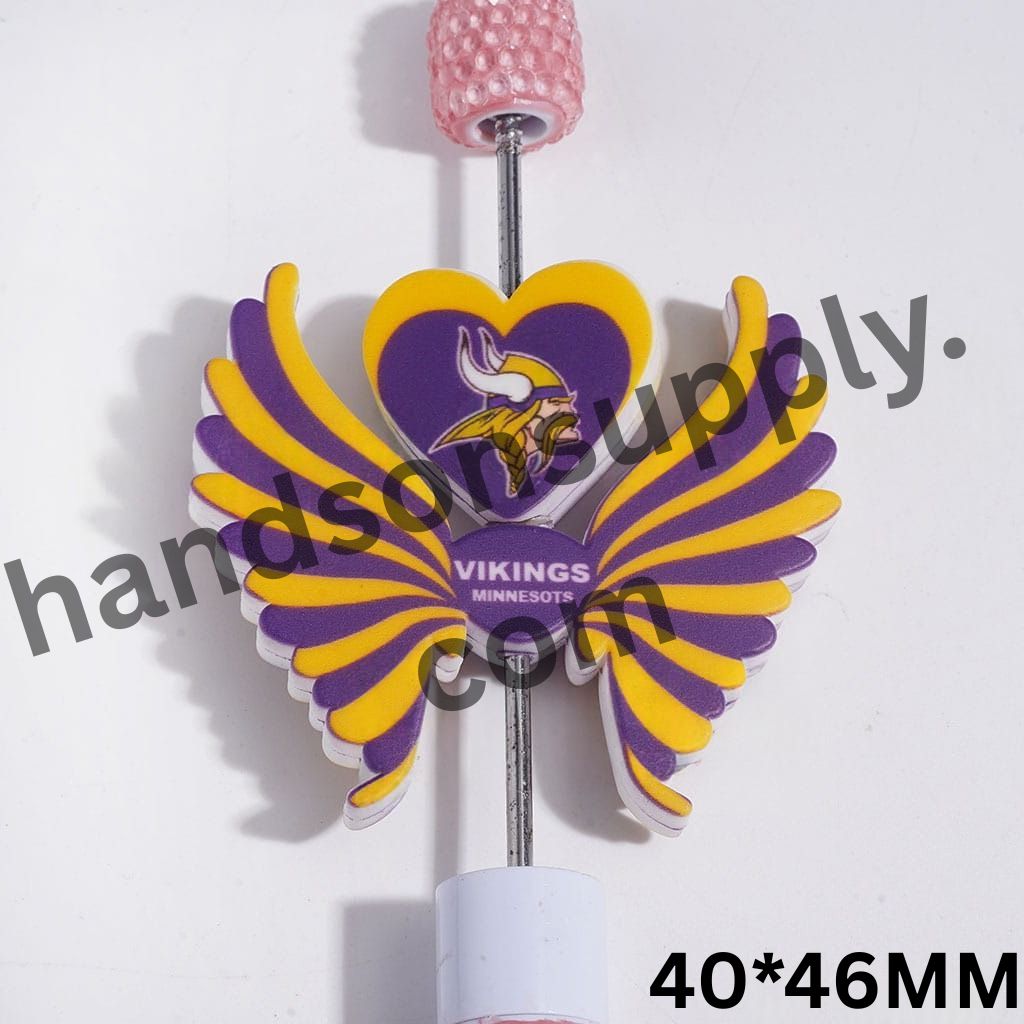 Minnesota American Football Team Logo Printed Heart and Wing-Shaped Silicone Focal Beads Set, 40*46MM