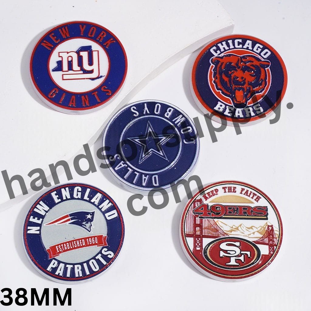American Football Team Logo Designs Flat Round Acrylic Beads, 38MM, Random Mix