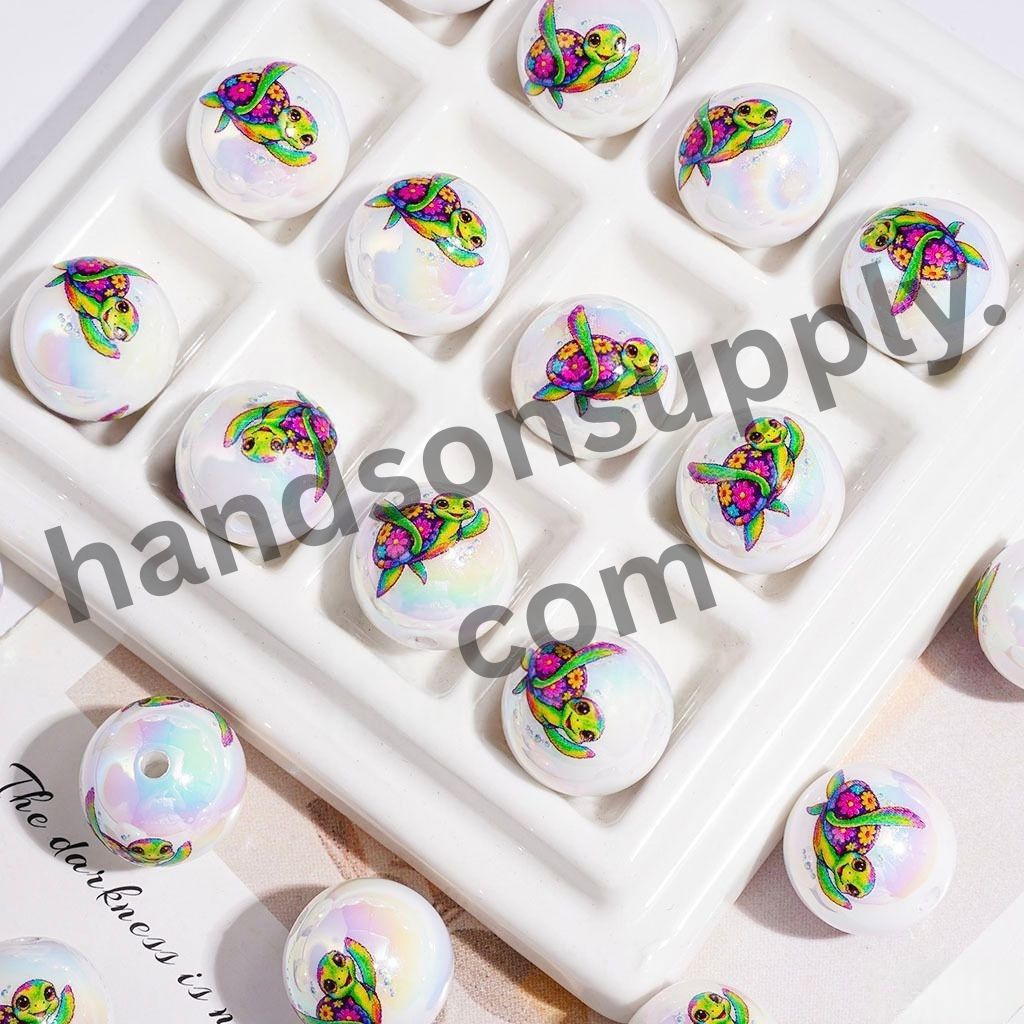 UV-Coated Colorful Flower & Hawksbill Turtle Character Printed Round Acrylic Beads for Bracelets, 16MM