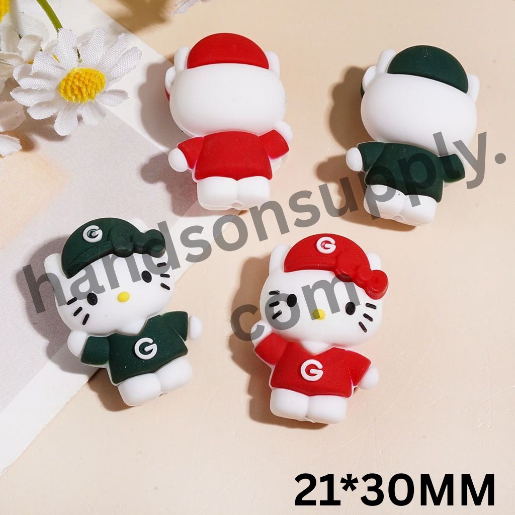 3D Adorable Cat Character in Green Bay Football Uniform with Vibrant Red & Green Color Design Silicone Focal Bead