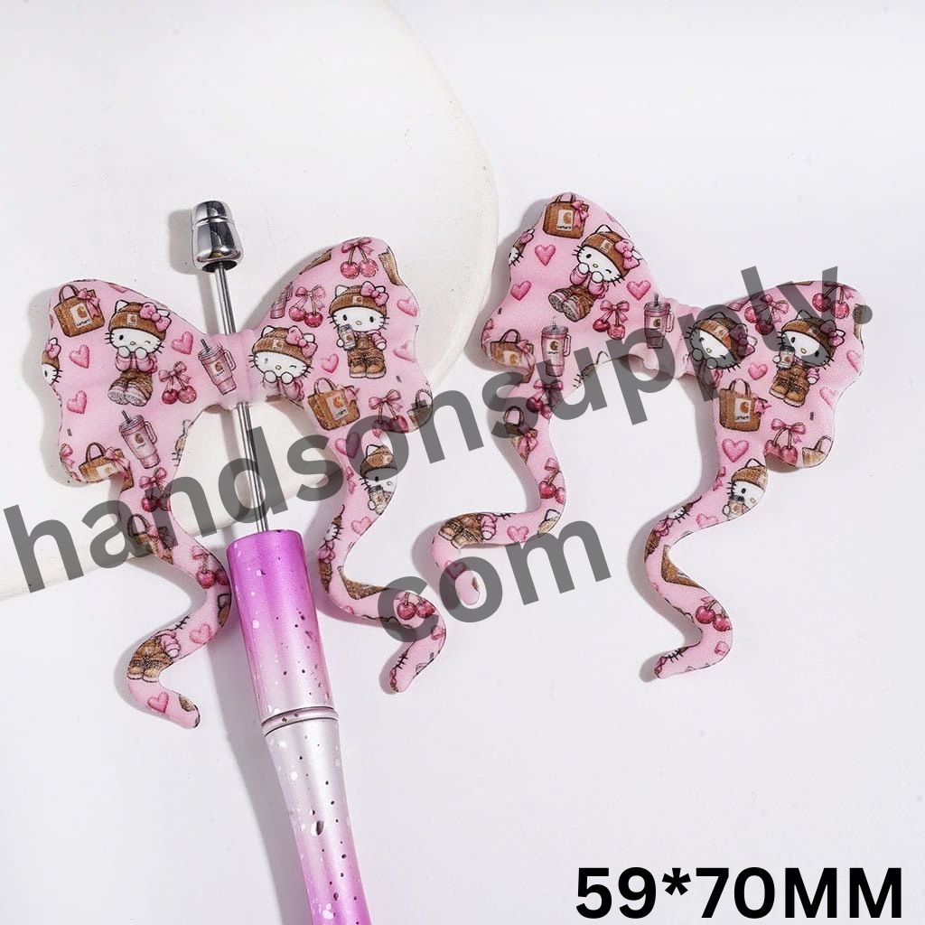 Sweet Cute Cat Character in Brown Outfits on Pink Bowtie Bowknot with Long Ribbon Silicone Focal Beads, 59*70MM