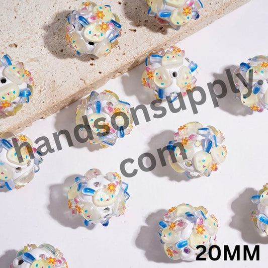 Cute Japanese Charming Sakura Bunny Head with Sparkling Glitter & AB Rhinestones Clay Beads, 20MM