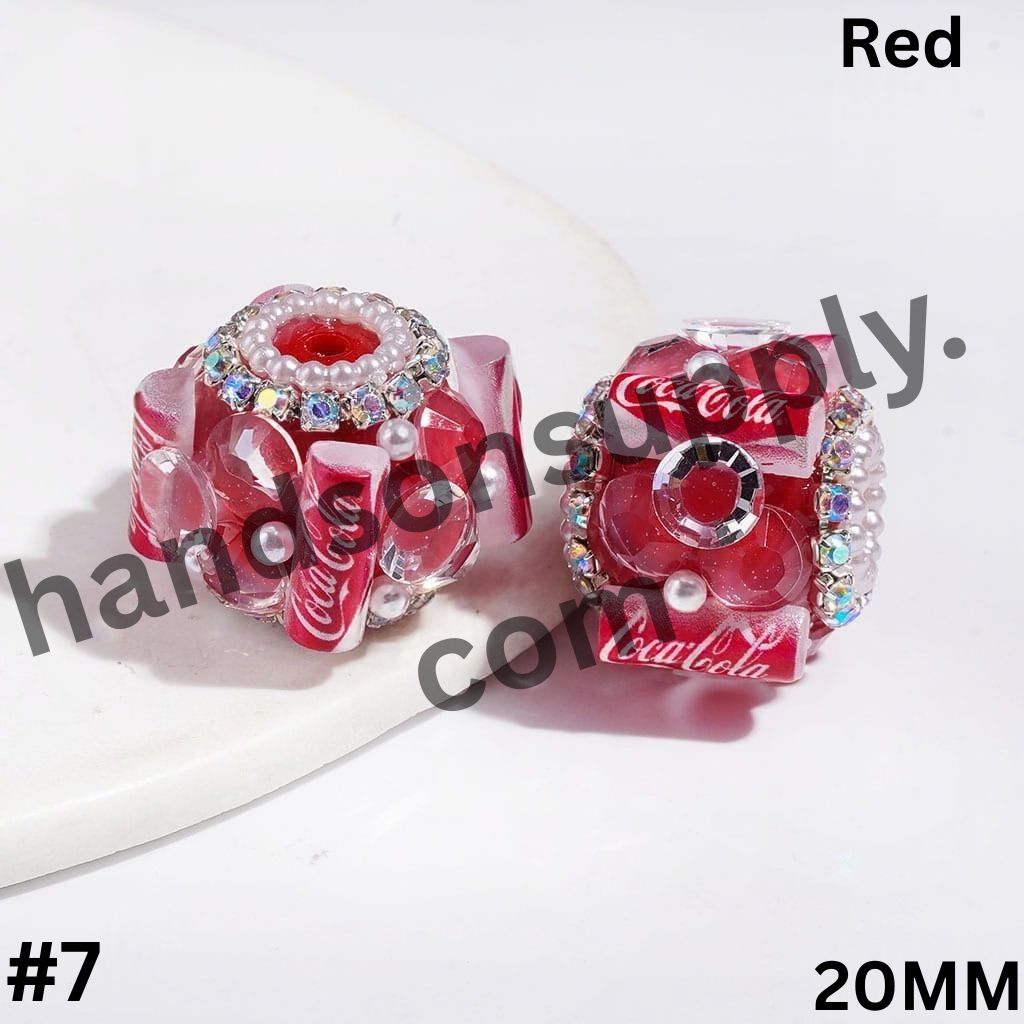 UV-Coated Famous Soft Drink Can Design with Large Cone-Shaped Rhinestones, AB Rhinestones & White Pearl Chains Handmade Acrylic Sugar Beads, 20MM, Multicolor