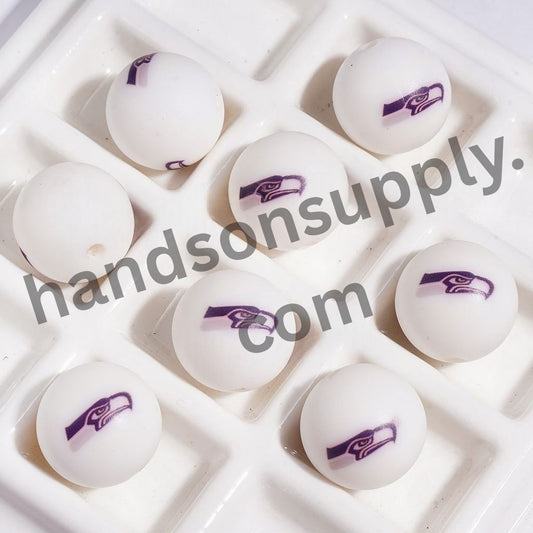 Seattle American Football Purple Sea Eagle Avatar Printed Round Silicone Beads, 15MM, Random Mix