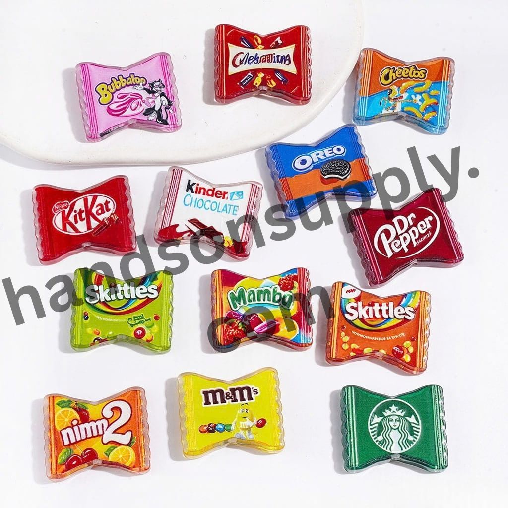 Colorful Sweet Candy, Chocolate Chip, Coffee & Cookie Packaging Bag Style Acrylic Beads, 24*29MM, Random Mix