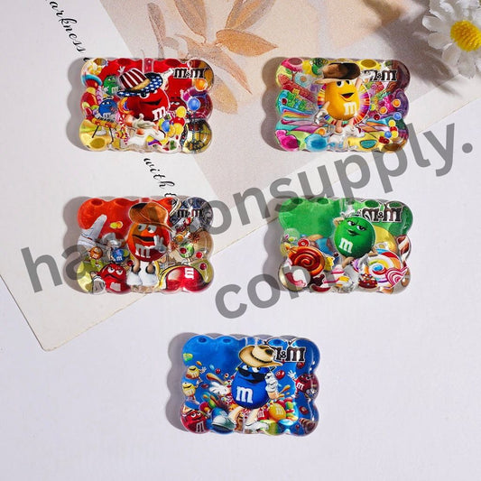 Colorful Candy Chip Character Semi-Clear Biscuit-Shaped Printed Acrylic Beads, 31*22MM, Random Mix