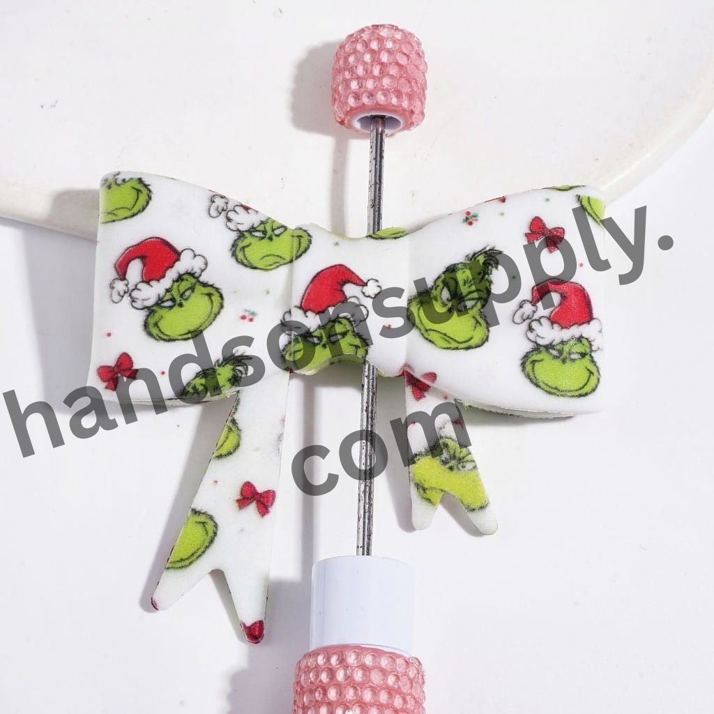 UV-Printed Cute Green Christmas Character Profile with Red Bow Soft Bowtie Shape Silicone Focal Beads, 53*59MM