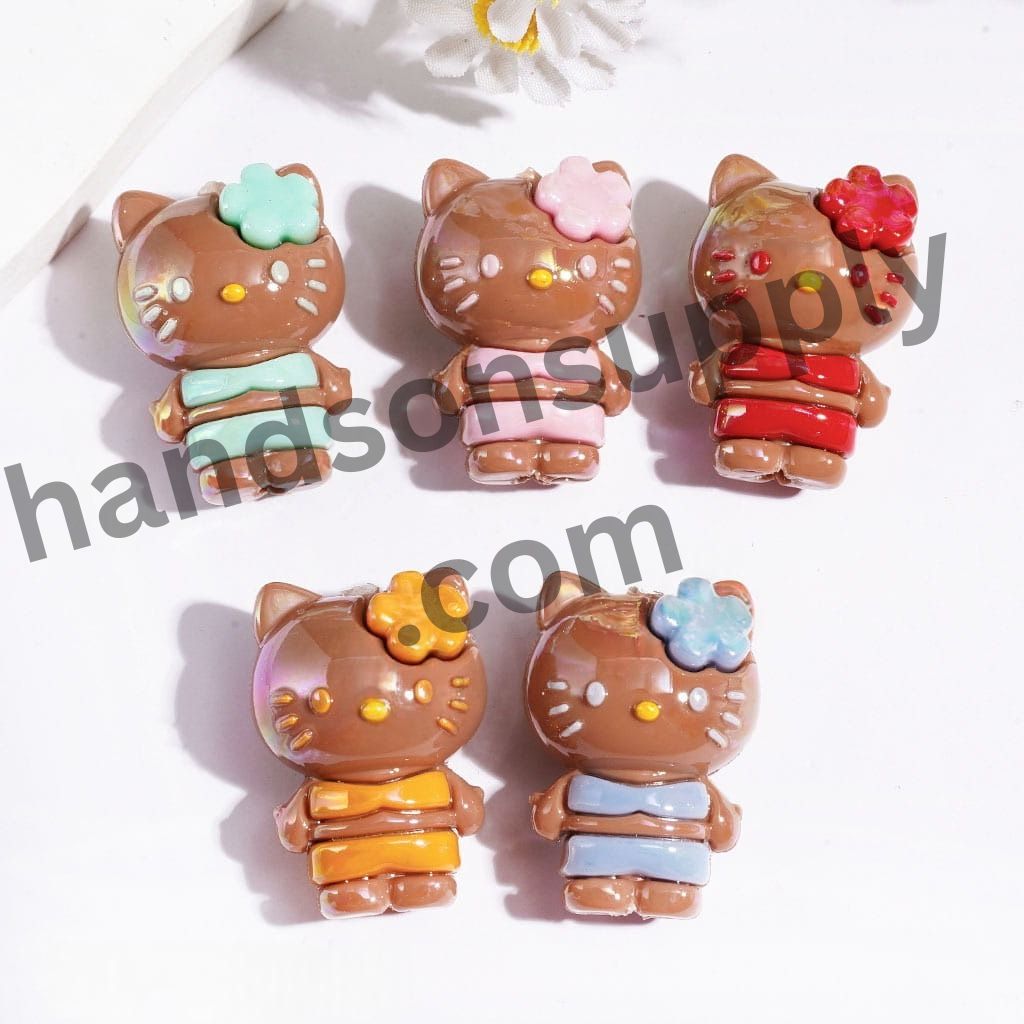 UV Coated Cute Brown Cat Character Soft PVC Rubber Beads with Flower Headband, 20*28MM