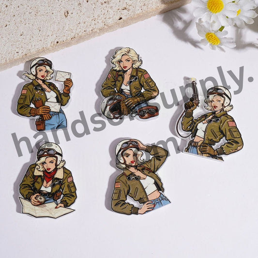 Vintage Blonde Girl Character Series with Military Outfit & Flight Gear Acrylic Beads, Assorted Designs, Random Mix