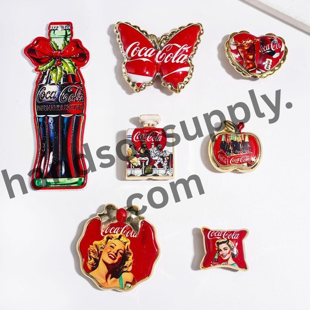 Colorful Famous Soda Drink Designs with Gold-Tone Borders Acrylic Beads and Pendants, Random Mix