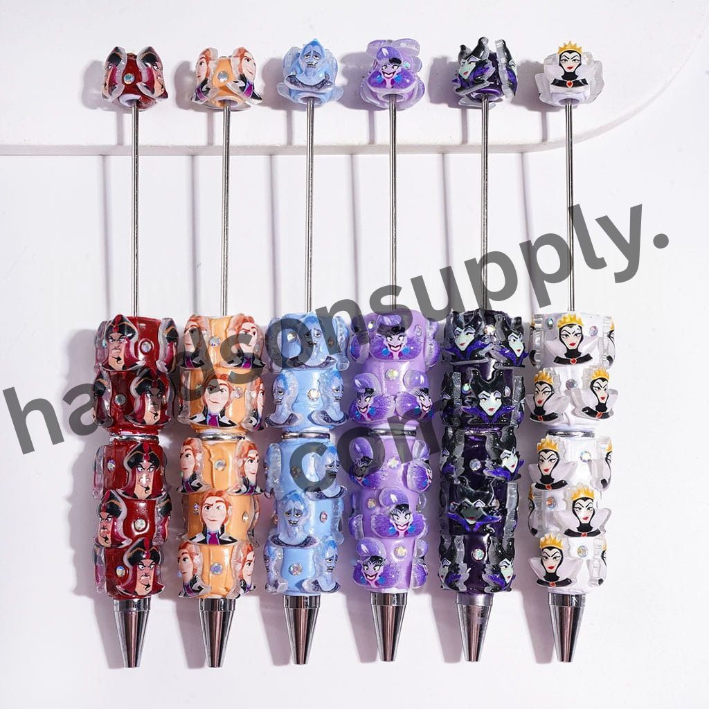 Retro Iconic Animated Villain Characters Design with Sparkling AB Rhinestones Beadable Clay Pens, Various Color Backgrounds