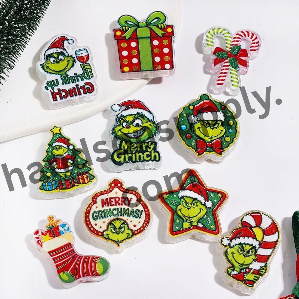 Festive Holiday Green Character Wreath, Stocking & Candy Cane Christmas Theme Semi-Clear Acrylic Beads, Random Mix