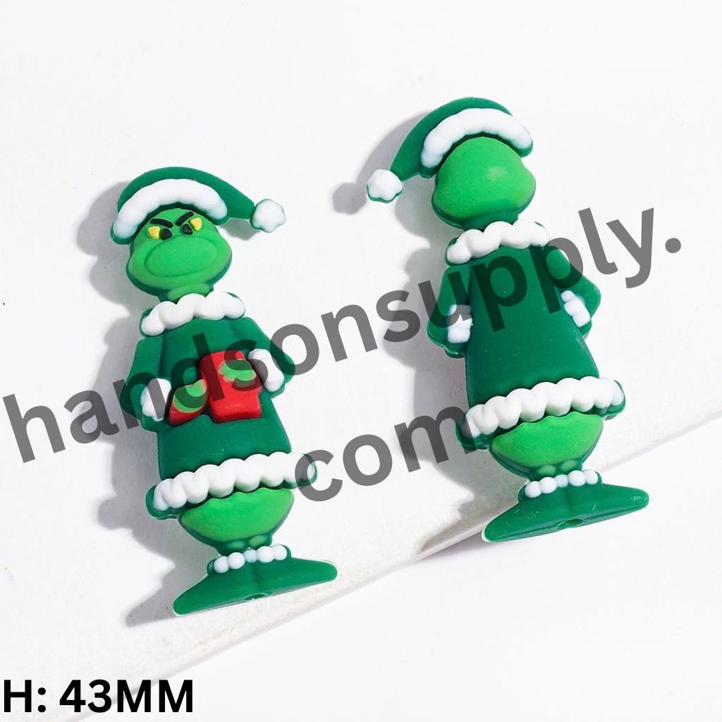 3D Festive Christmas Green Character in Pajamas Holding Gift Box Silicone Focal Bead, 43MM, Multicolor