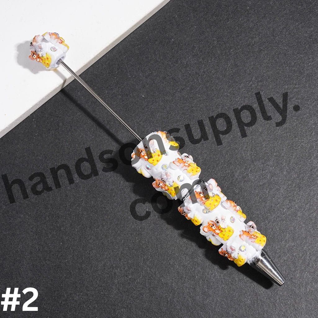 Playful Cat and Mouse Food Character Series with Sparkling AB Rhinestones Beadable Clay Pen