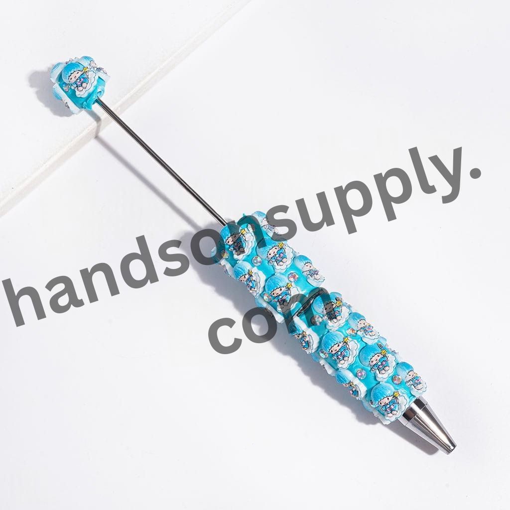 Pink and Blue Twin Star Character with White Cloud and Sparkling AB Rhinestone Beadable Clay Pen