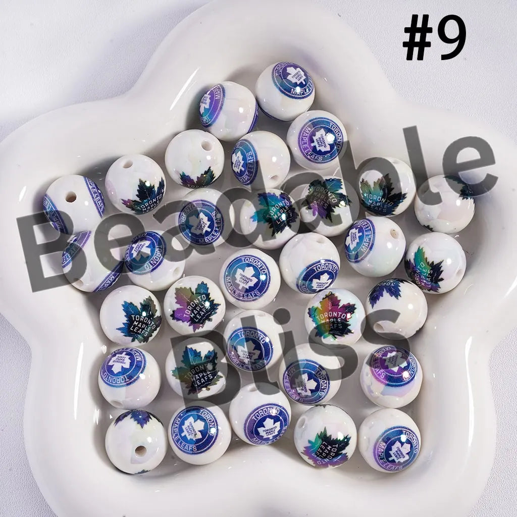 Acrylic Beads for Bracelets |  Round with UV Coating Ice Hockey Team Pattern, 16MM