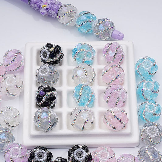 Spiral Heart Beads with Shiny AB Rhinestones, White Pearl Loops Acrylic Beads, 20MM, Random Mix
