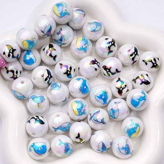 UV Coating Ocean-Themed Acrylic Beads Cute Marine Animals Like Whales, 16MM, Random Mix