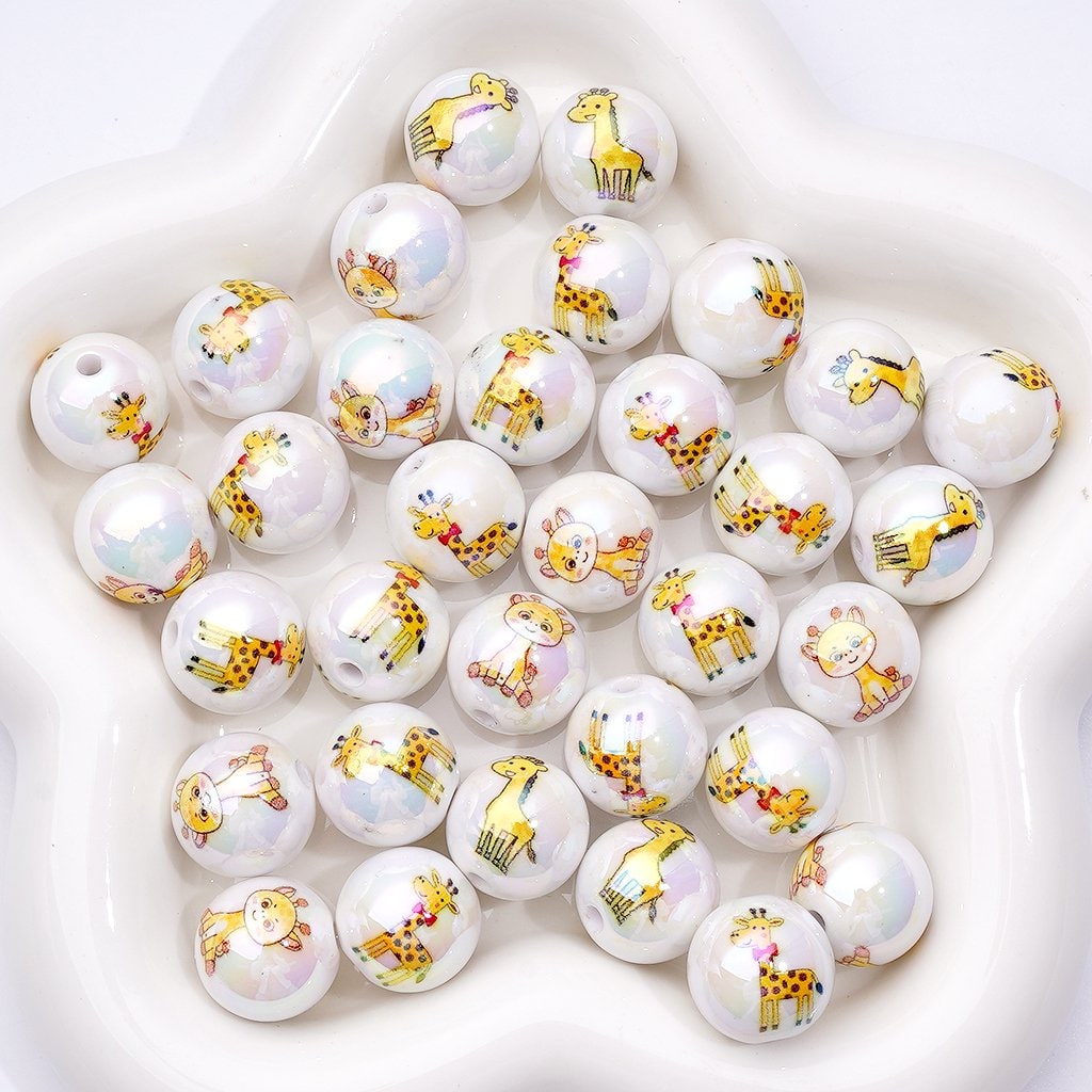 UV Giraffe Mix in Playful Giraffe Animal Theme 16MM White Round Acrylic Beads