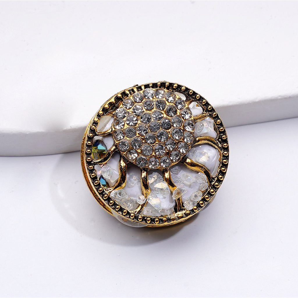 Gold Alloy Ring Fancy Delicate with Shiny Rhinestones Oval Pearls and Decorative Clay beads Around 24MM