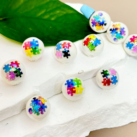 White Round Autism Colorful Puzzle Glossy UV Finish Acrylic Beads, 16MM