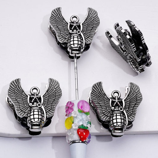 Silver Alloy Fancy Grenade Pendant Clay Beads with Silver Wings and Shiny Rhinestones, Around 38*36MM