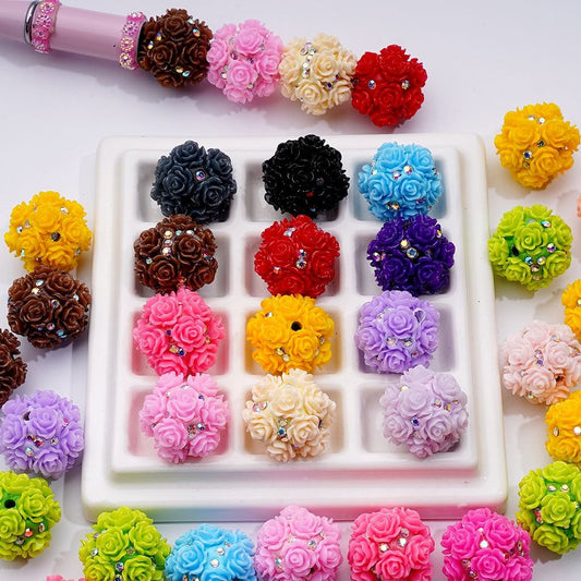 Round Clay Beads Multi-Color Flower Designs with AB Rhinestones, Approx. 22MM, Random Mix