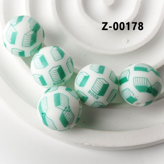 Round Printed Teal Books Design White Silicone Beads 15mm, Number Z-00178