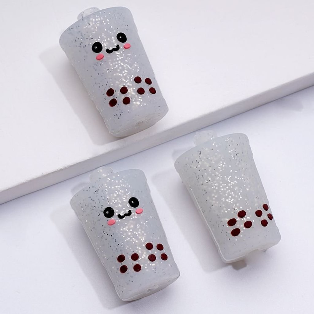 3D Bottle Cup Glitter Bubble Cute Pearl Milk Tea Silicone Focal Beads