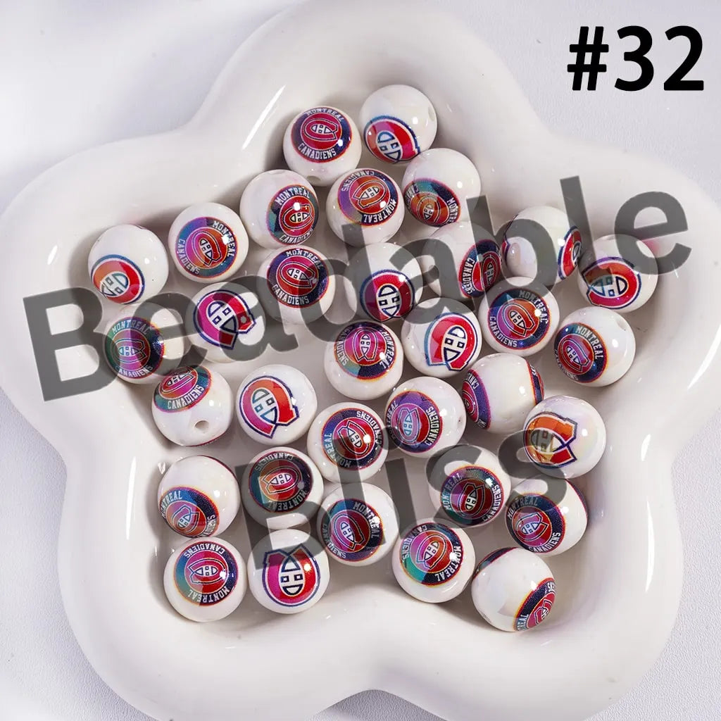 Acrylic Beads for Bracelets |  Round with UV Coating Ice Hockey Team Pattern, 16MM