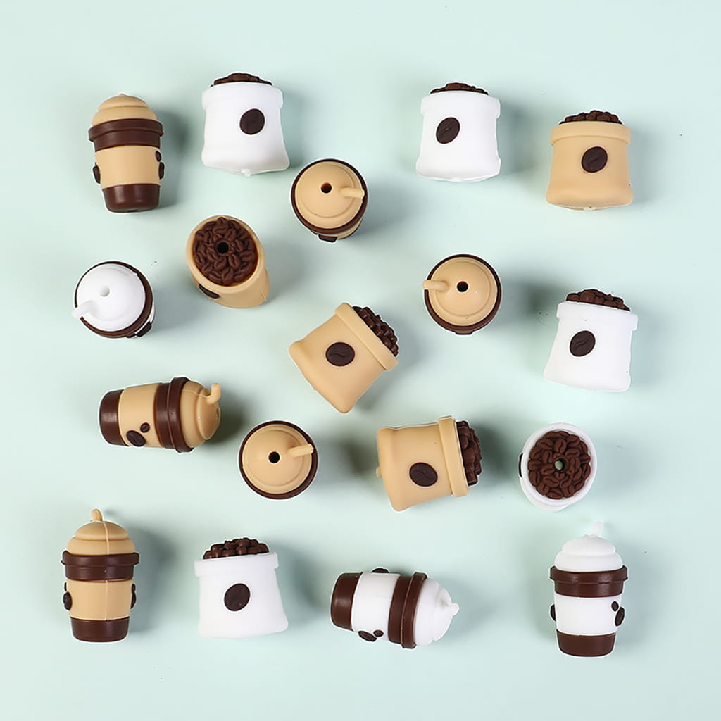 3D Coffee Themed Bean Bag & Straw Cup White & Light Khaki Silicone Focal Beads