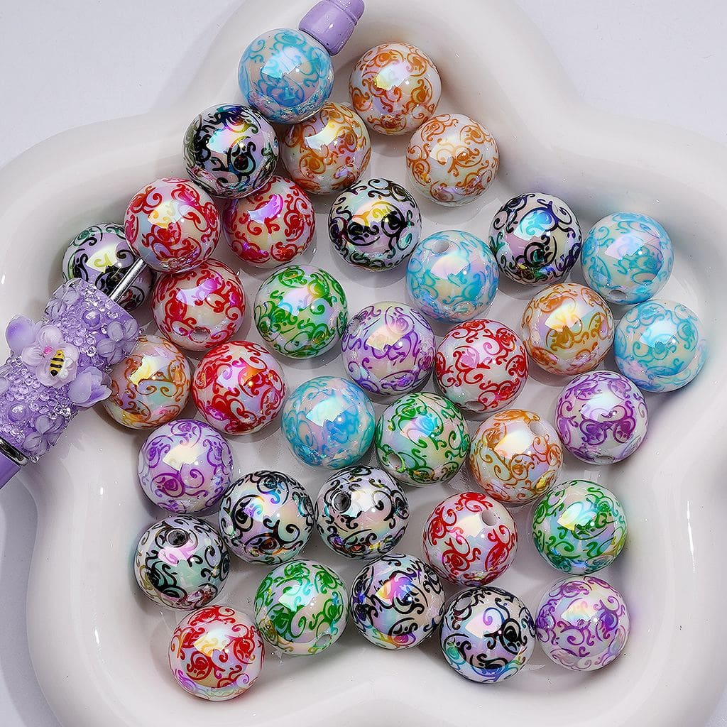 Multi-Color Cute Vine UV Coating White Round Acrylic Beads 16MM Random Mix