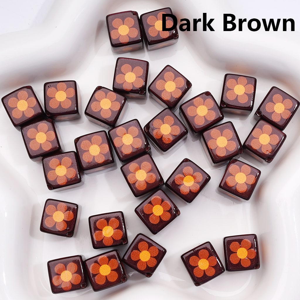 Square Cube with Mini Flowers 12MM Solid Colors Acrylic Beads Single Color Option