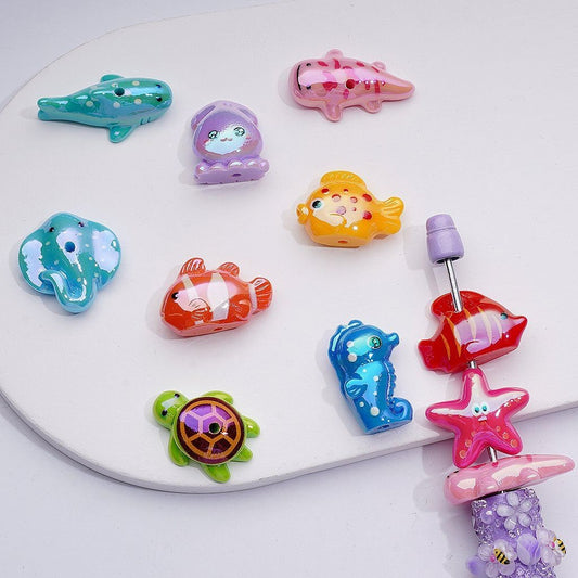Cute Sea Ocean Marine Animals UV Coating Acrylic Beads Clownfish Turtle Sea Horse Ray Star Fish Random Mix